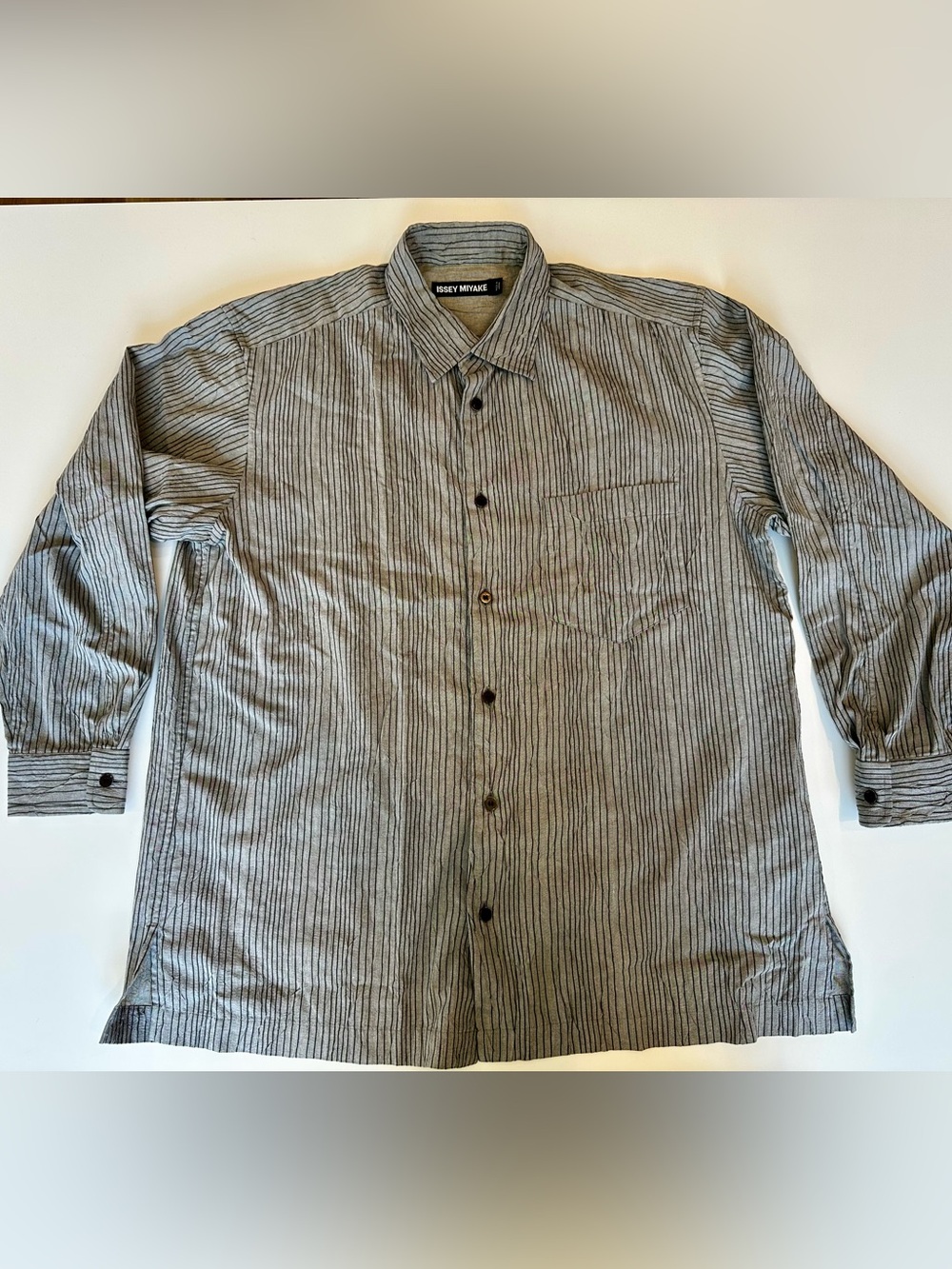 Issey Miyake Men Size 3 L Gray Stripe Wrinkle Processed Shirt Made Japan